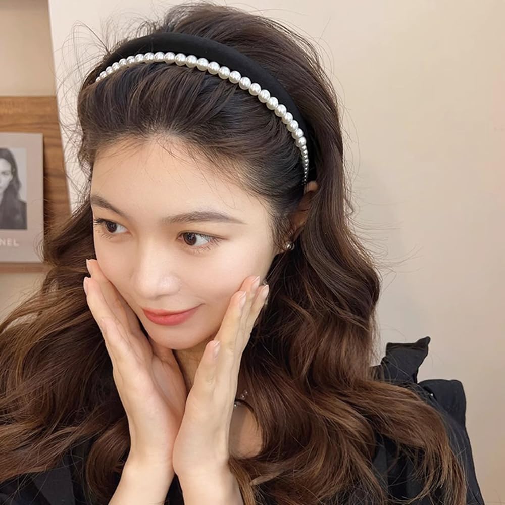 S.A.V.I Women's Black Velvet Hairband with Faux Pearls | Wide Padded Headband for Girls & Women | Elegant Hair Accessory for Wedding, Party & Daily | Comfortable & Stylish Look