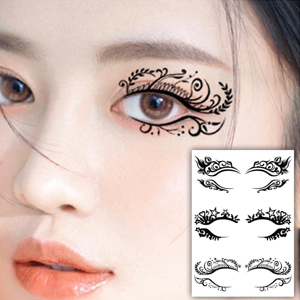 S.A.V.I 3 Pairs Temporary Eye Tattoo Stickers – Black Floral, Starry Ornamental Designs – Waterproof, Easy to Apply Eye Makeup Art – Perfect for Parties, Festivals Weddings