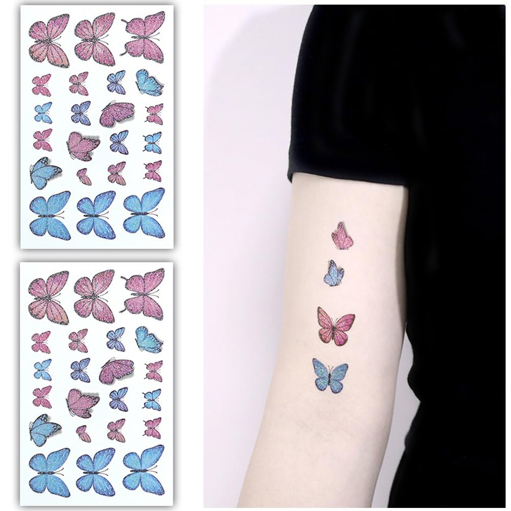 S.A.V.I 2Pcs Glitter Butterfly Temporary Tattoo Stickers - Vibrant Pink Blue Design, Waterproof Skin-Friendly - for Kids, Women, Party Accessories - Easy Application, Long-Lasting, 12x7.5 cm