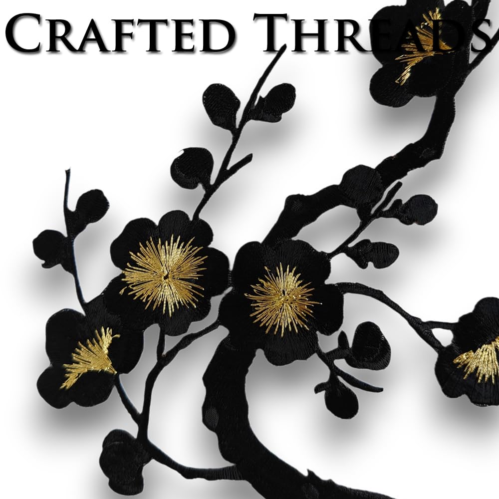 S.A.V.I 3D Black Floral Embroidered Patch 7x6.1 Inch – Iron-On Applique for Sarees, Kurtis, Jackets, Blouses – Pre-Glued Cherry Blossom Design for Clothes & DIY Decoration (Black)