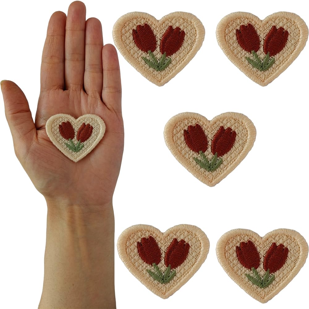 S.A.V.I Heart-Shaped Beige Embroidered Appliqué Patch, Pack of 5, Orange Tulip Design, Sew-On, Ideal for DIY Clothes, Dresses, Jackets, Bags, Sweaters, Caps, Crafts