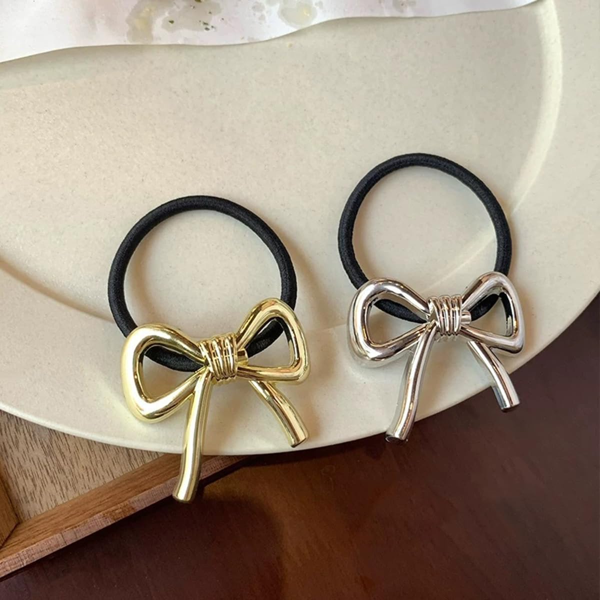 S.A.V.I 2pcs Elastic Hair Ties with Big Alloy Metal Bow | Stylish Gold & Silver Hair Accessories for Women & Girls | Durable Black Ponytail Holders | Cute Rubber Bands Size 4.5 x 4.6 cm