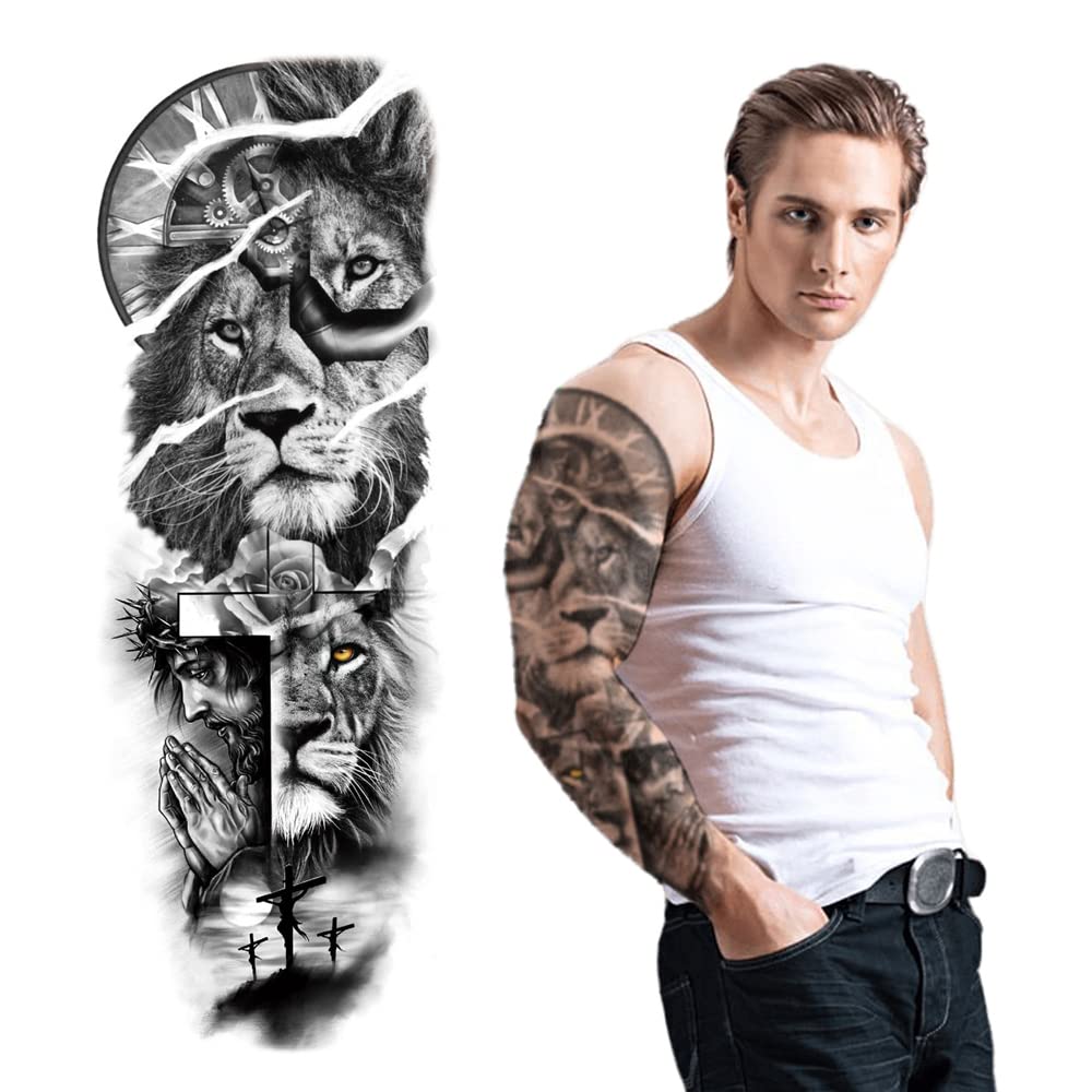 S.A.V.I Full Arm Tattoo, Clock, Lion Face, Cross, Jesus Holy Temporary Tattoo Sticker, Size 48x17CM