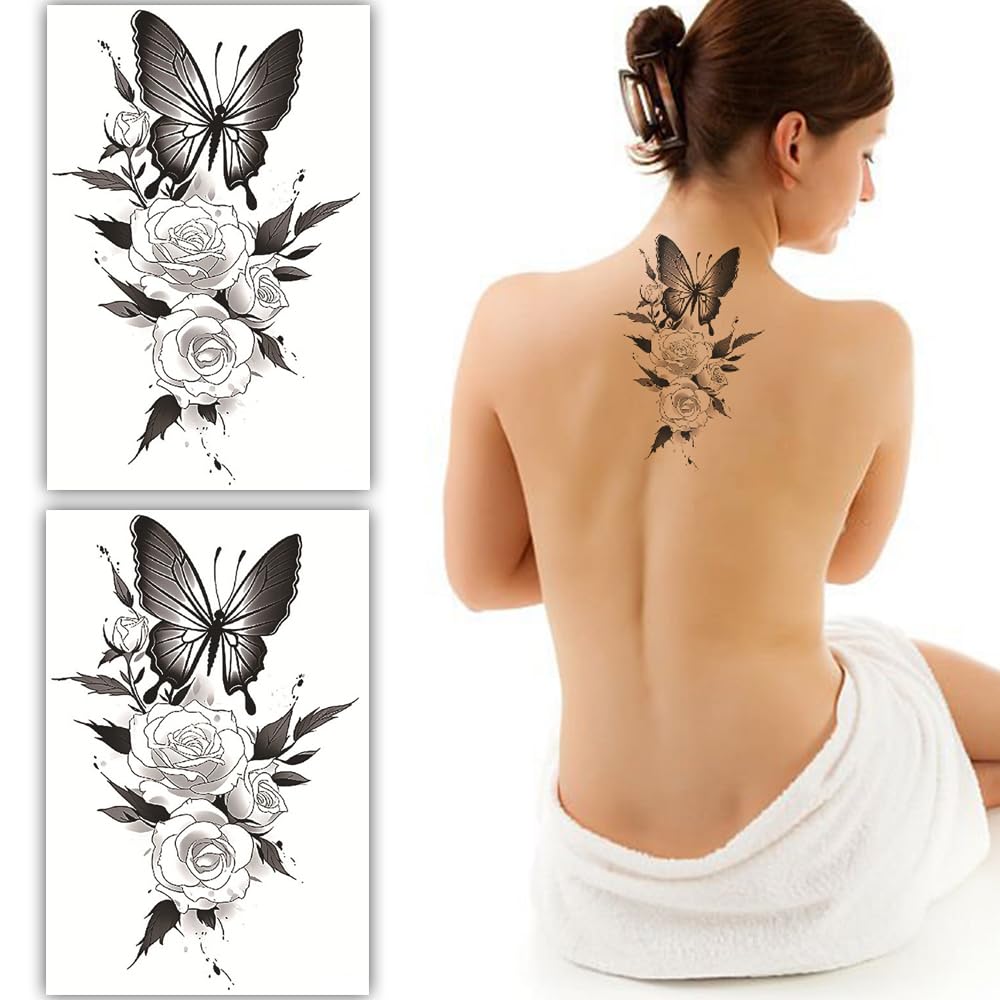 S.A.V.I 2 Sheets Black Butterfly Rose Temporary Tattoos, Waterproof Long-lasting, 19x12cm – Easy to Apply Remove, Perfect Body Art for Back, Arm, Shoulder – For Women Girls