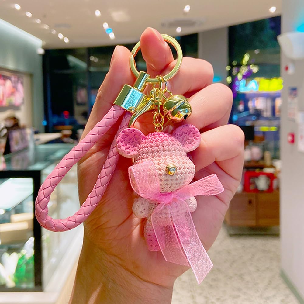 S.A.V.I Resin Pink Teddy Bear Keychain with Cute Bow & Braided Strap | Mini 6.5cm Doll Pendant | Stylish Bag Charm & Decorative Key Holder for Women, Girls & Accessory (Pink)