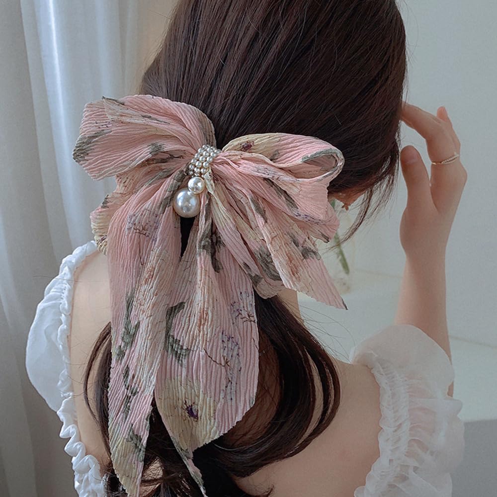 S.A.V.I Pink Floral Big Bow Hair Clip for Women & Girls | 17x15 cm Pleated Korean Style Barrette with Pearl Beads | Stylish Hair Accessory for Long Hair, Daily & Party