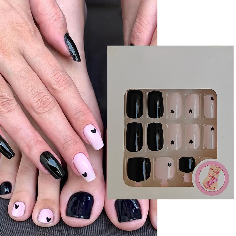 S.A.V.I 48 Pcs Fake Nails Set | Black Nude Pink Square Nails | Heart Design | Medium-Length | Hands Feet Manicure Kit | Nail Art for Fingers Toes | Stylish Long-Lasting