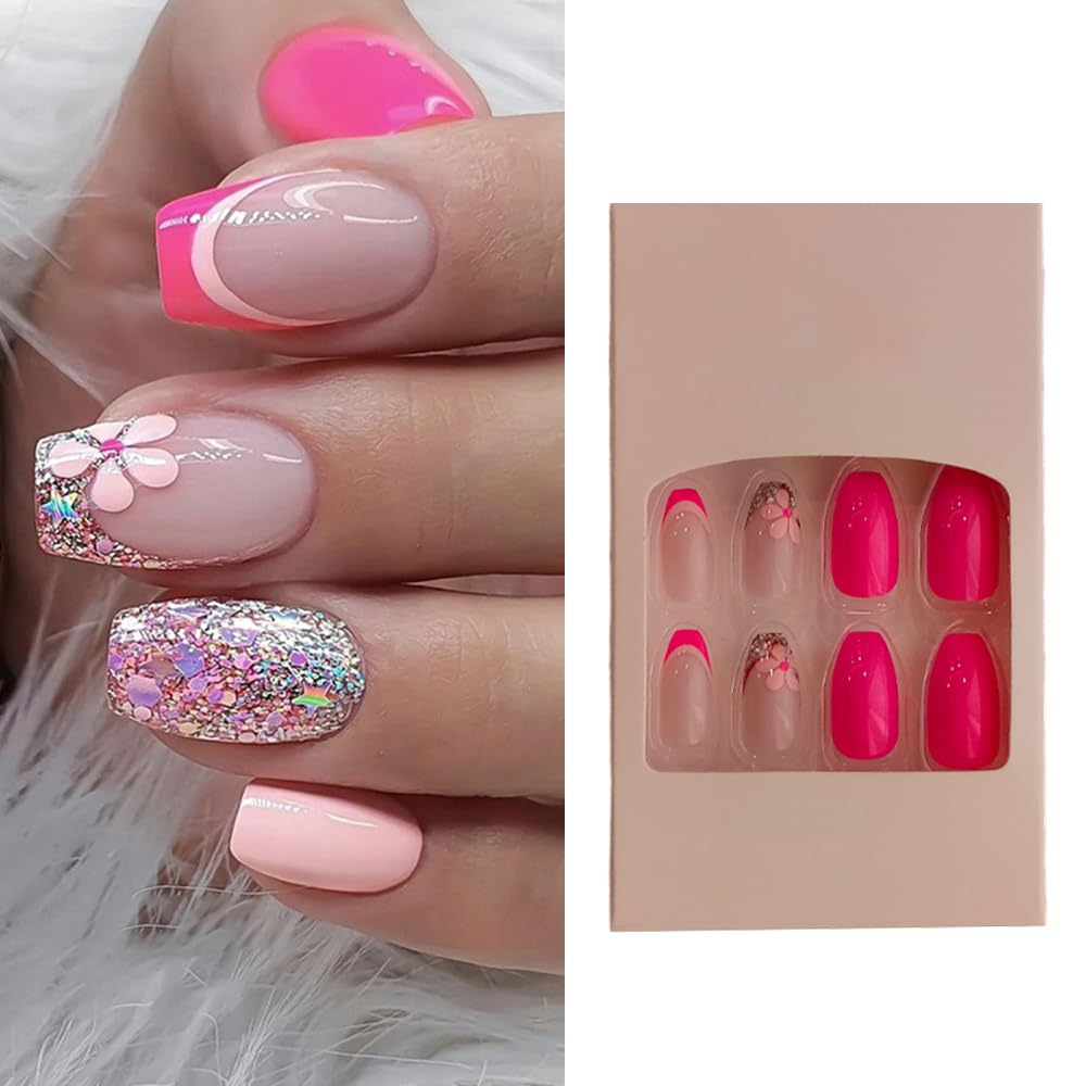 S.A.V.I Glitter Pink Floral Coffin Fake Nails - 24 PCs, Medium, Adhesive Glue Included
