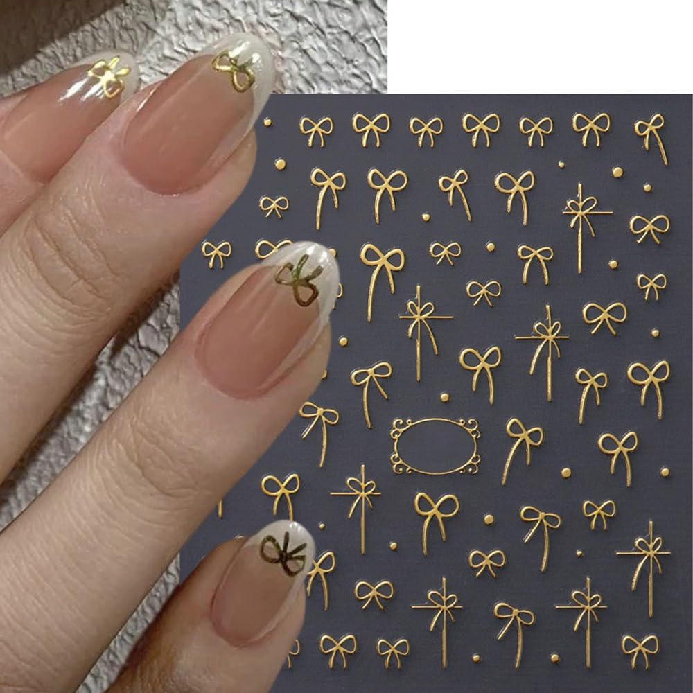 S.A.V.I 3D Self-Adhesive Nail Art Stickers – 4 Sheets Gold Bow, Star & Floral Designs – Long-Lasting Peel & Stick Decals for Women, DIY Manicure, Acrylic & Gel Nail Decoration, Easy to Apply