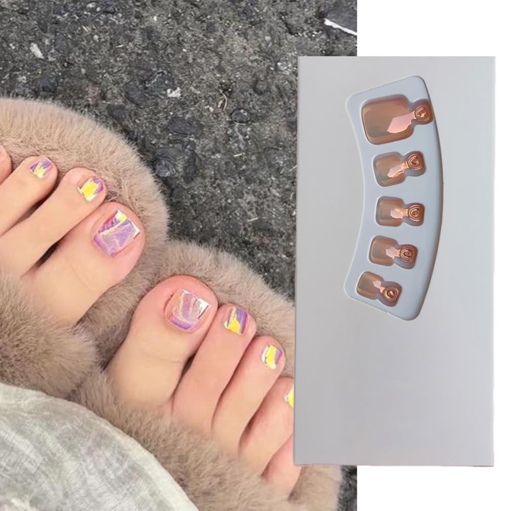 S.A.V.I Aurora Mirror Effect Press-On Toe Nails - 24 PCs Natural Short Length with Adhesive Tabs Glue Online at Low Prices in India