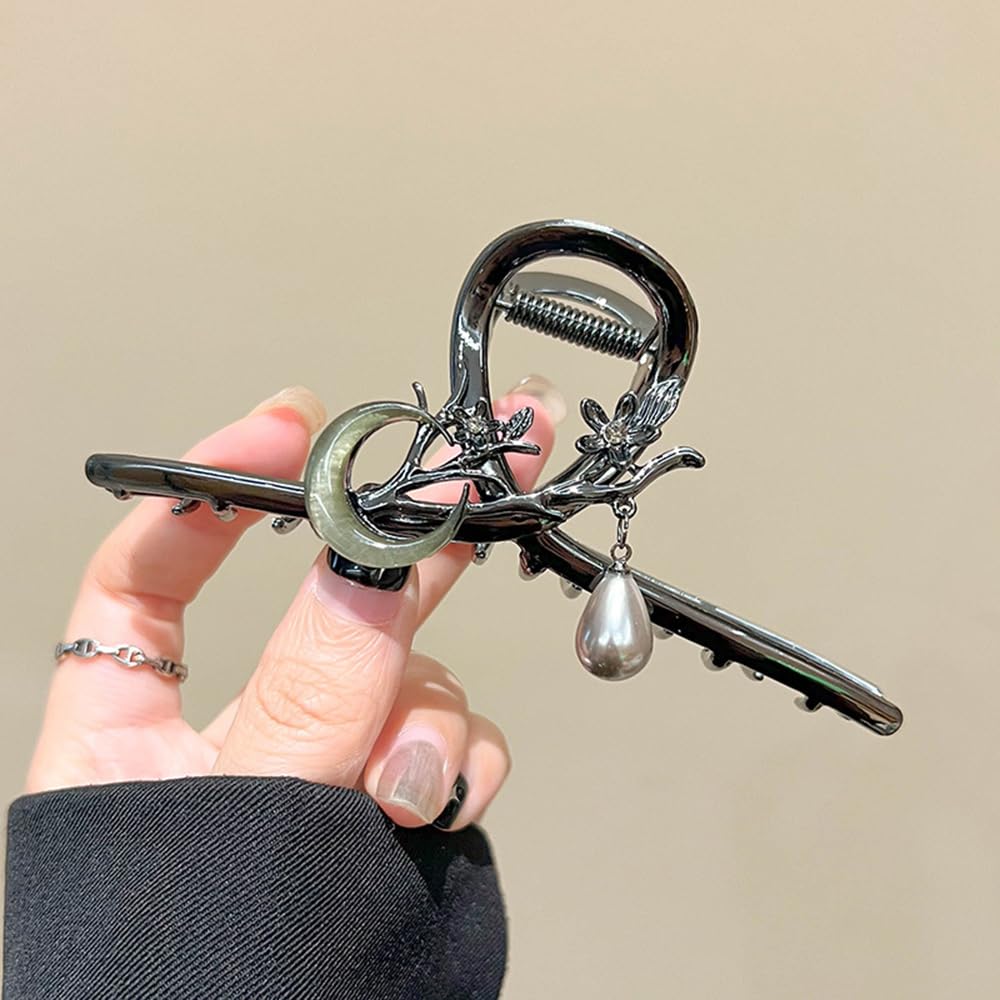 S.A.V.I Gun-Black Large Hair Claw Clip for Women – 11.5cm Metal Clutcher with Moon, Cherry Blossom & Pearl Design – Strong Grip Stylish Hair Accessory for Thick Hair & Bun Styling