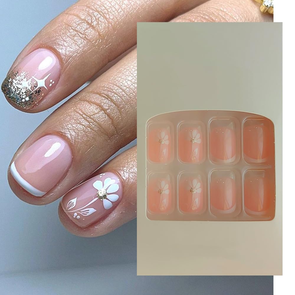 S.A.V.I 24Pc Nude Floral Glitter Press-On Nails - Natural Short Fake Nails with Adhesive Glue