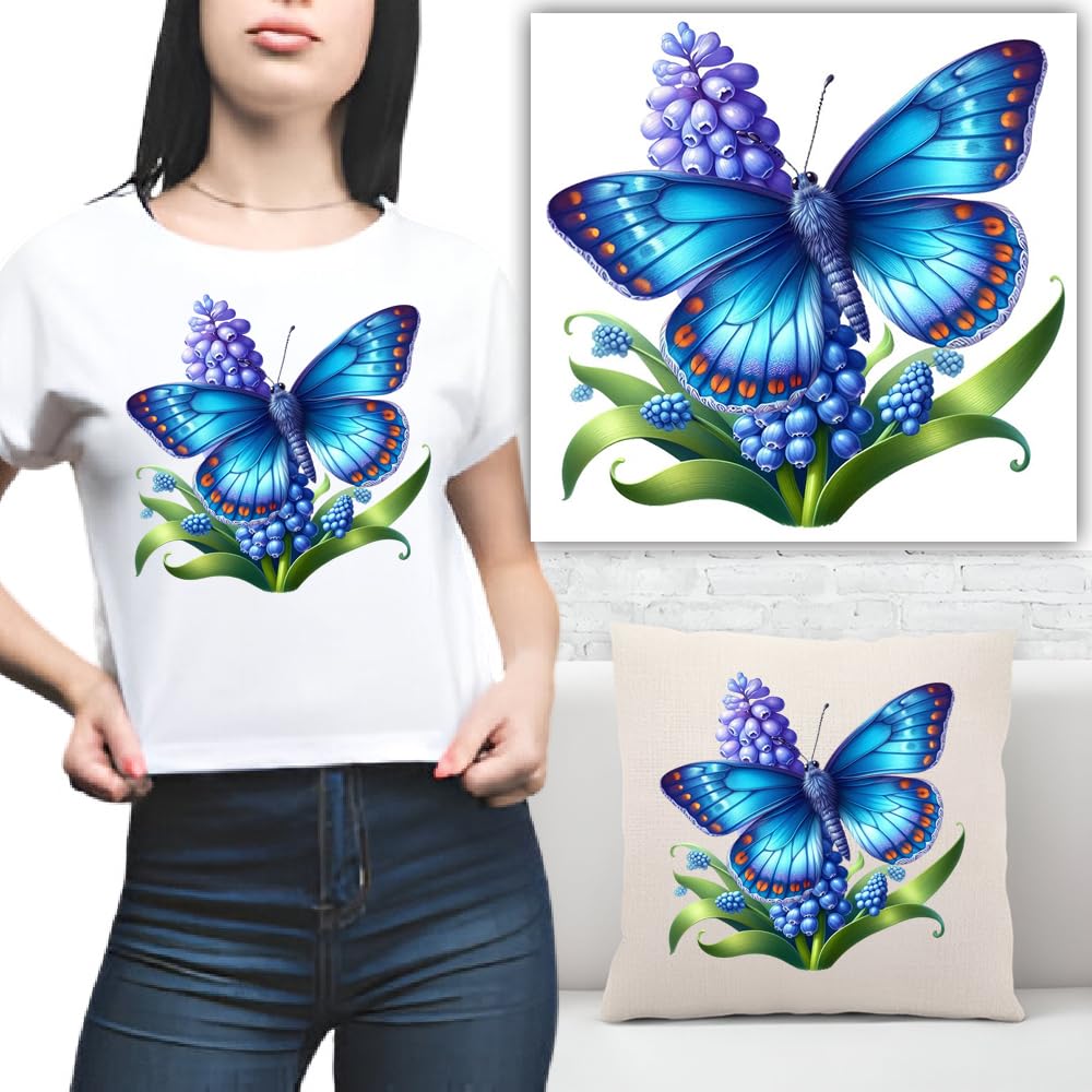 S.A.V.I 1PC Blue Butterfly Iron-On Patch for DIY Clothing | 8.5x7.5 Inch Washable Applique for T-Shirts, Hoodies, Jeans, Bags, Pillows | Vibrant Floral Heat Transfer Sticker | Easy-to-Use Decal
