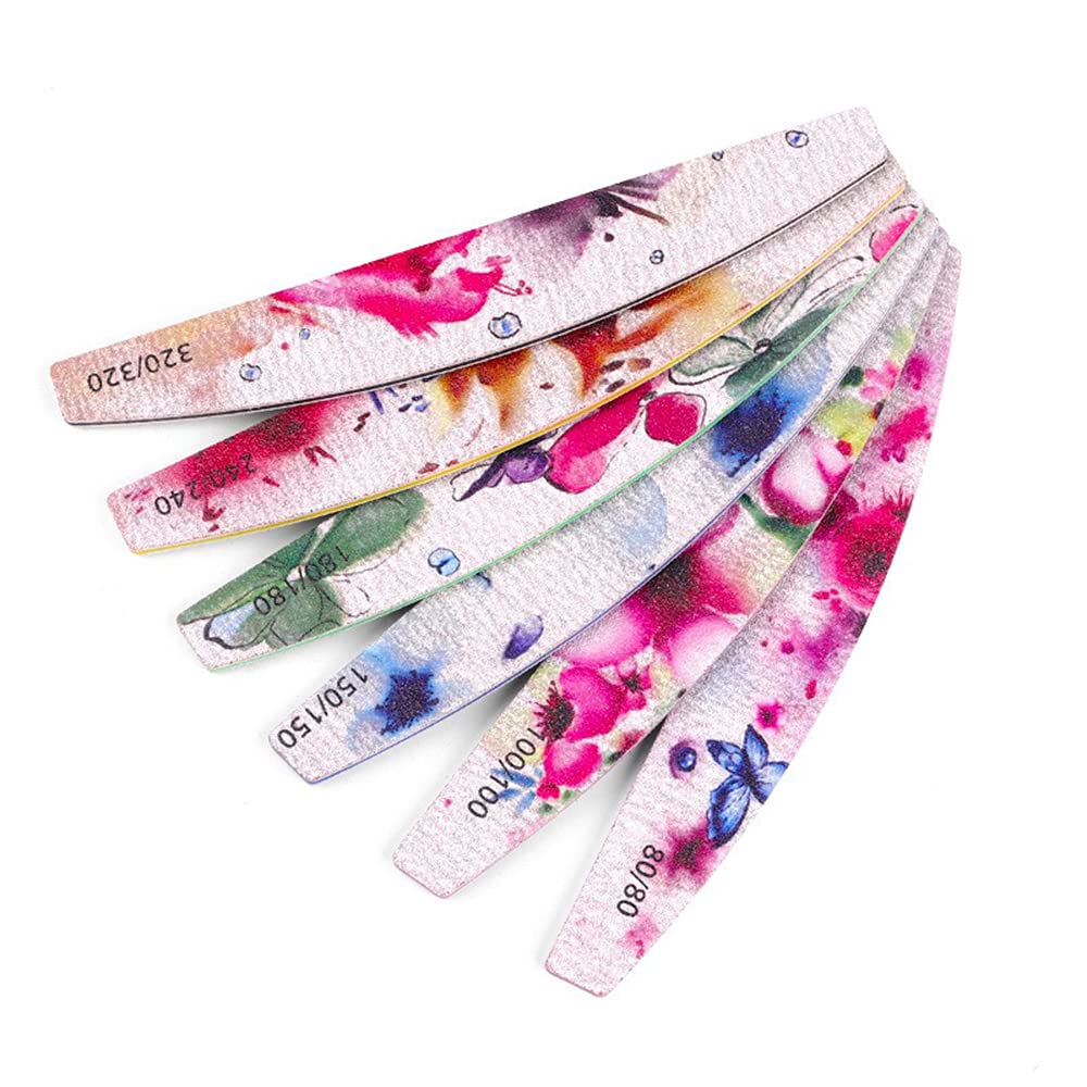 S.A.V.I 6 PCS Doubled Sided Different (80-320) Grit Nail Files and Buffers, Flower Pattern Professional Manicure Tools for Home and Salon Use