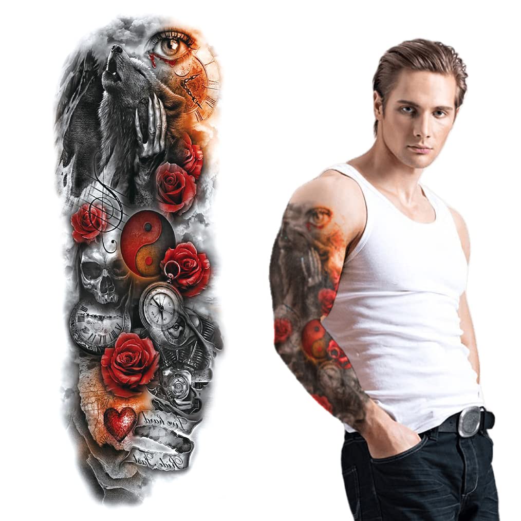 S.A.V.I Full Arm Temporary Tattoo, Full Sleeve Tattoo For Men, Eye, Red Roses, Wolf, Skull Size 48x17CM