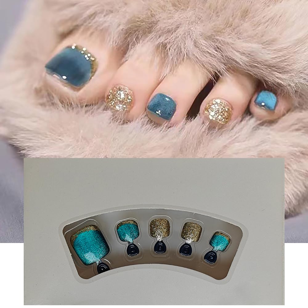 S.A.V.I 24 PCs Short Natural Shape Blue Gold Glitter Cat's Eye Press-On Toe Nails | Stylish Reusable False Nails for Women | Easy-to-Apply | Perfect for Party, Wedding