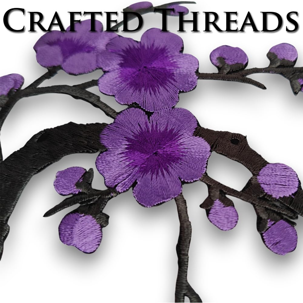 S.A.V.I 3D Purple Cherry Blossom Embroidered Iron-On Patch for Clothes, Sarees, Kurtis, Dresses | Large 7x6.1 inch Floral Applique for DIY, Jackets, Bags | Pre-Glued Fabric Sticker (1 Pc)