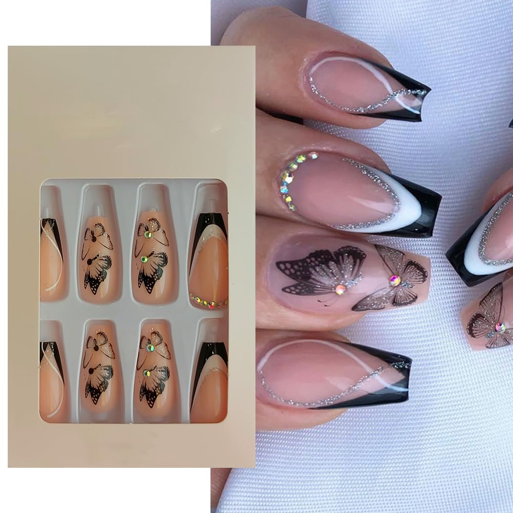 S.A.V.I 24Pc Long Coffin Nude Butterfly Fake Nails - Press On with Glue Tabs