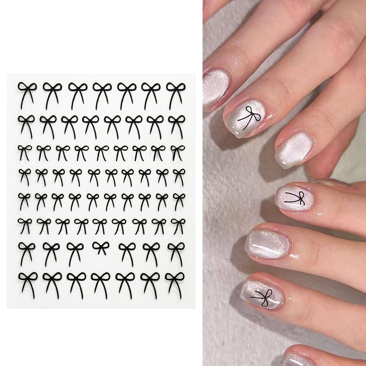 S.A.V.I 4 Sheets Bow Nail Art Stickers for Women – Self-Adhesive DIY Manicure Decals in Black, White, Gold & Silver | Elegant Thin Ribbon Design for Nail Decoration & Extensions (8x10.5cm)