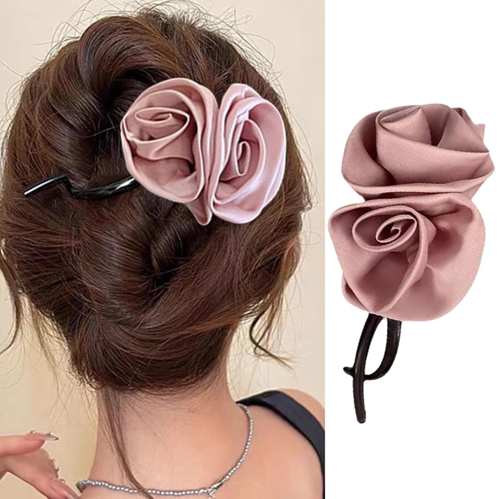 S.A.V.I Pink Rose Hair Clip for Women Girls | Satin Floral Claw Clip | Elegant Durable Hair Accessory | Strong Grip Hair Clutcher for Stylish Hairstyles | Perfect for Daily, Party Wedding