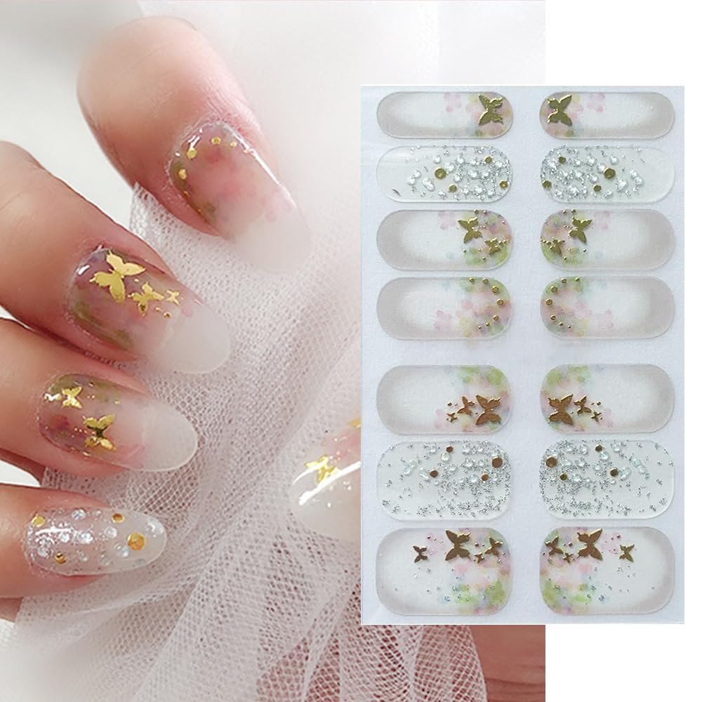 S.A.V.I 14 PCS – Butterfly Nail Stickers, Translucent Green Pink with Golden Print, Gel Effect, Full Nail Art Decals, Long-Lasting