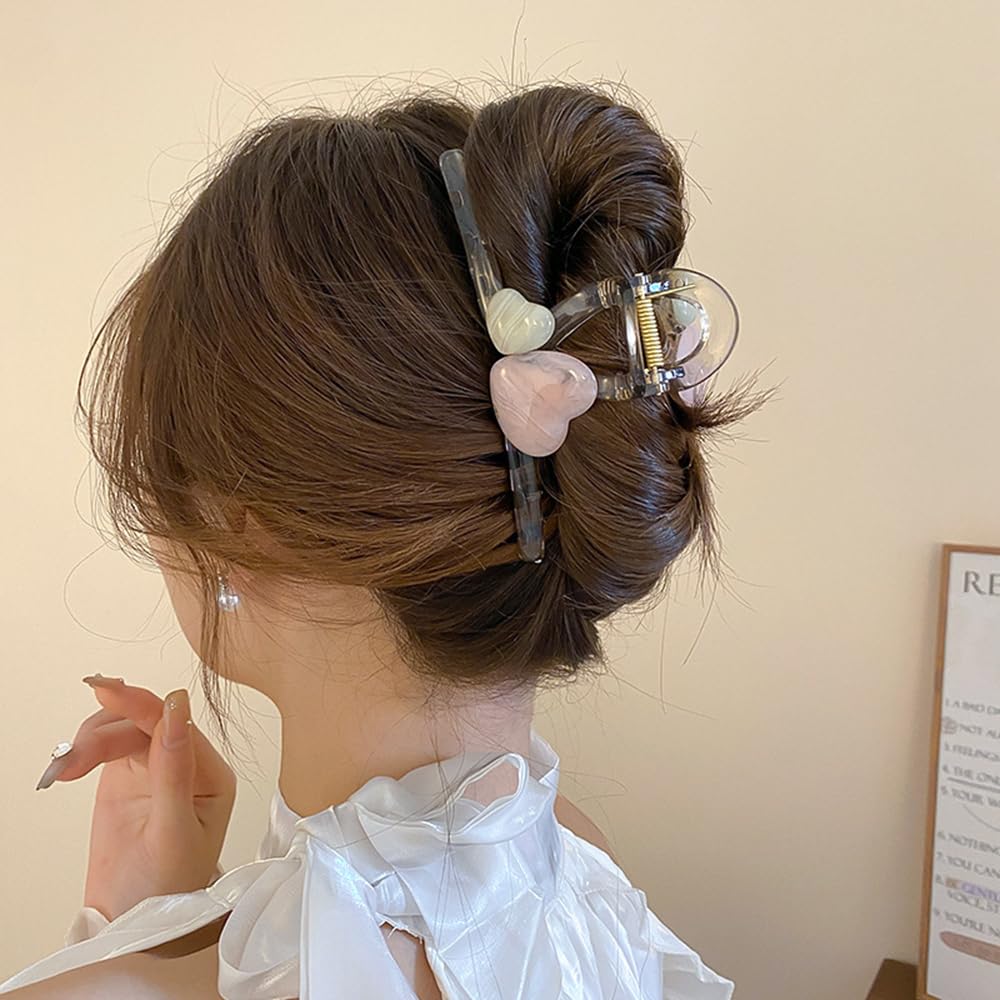 S.A.V.I Heart Shape Hair Claw Clip for Women & Girls | Acrylic Transparent Dual Marble Hearts | Stylish Beige & Pink Hair Accessory | Strong Grip for Daily & Party | 13cm