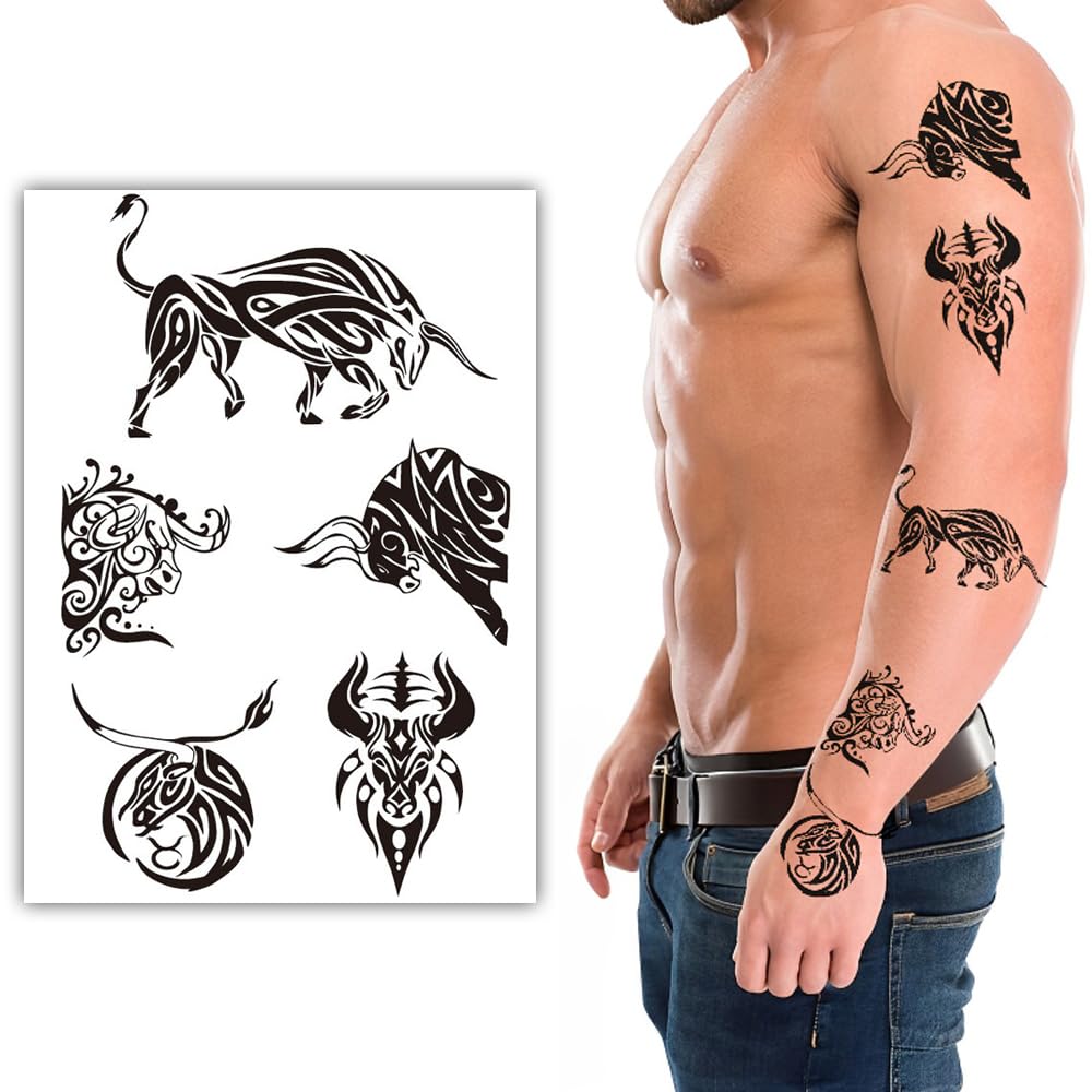 S.A.V.I Tribal Bull Temporary Tattoo Sheet - 1Pc Waterproof Skin-Friendly, 21x15 cm Black Design, for Men’s Arms Body Art, Stylish Tattoo Sticker for Parties Festivals - Long-Lasting
