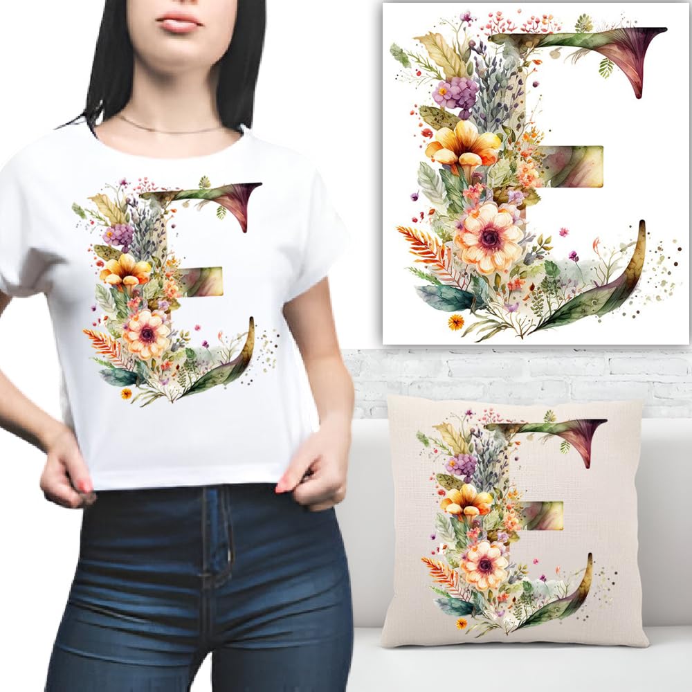 S.A.V.I 1PC Floral Alphabet Iron-On Patch – Washable Heat Transfer Sticker for DIY T-Shirts, Jeans, Pillows, Backpacks, Hats – Easy Applique with Beautiful Flower Design – Clothing Accessories Patch (E)