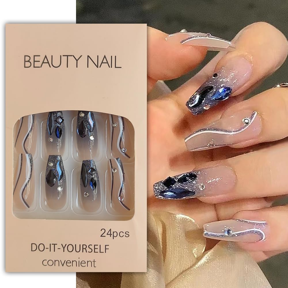 S.A.V.I 24-Pcs Crystal Coffin Nails - Nude Reusable Press-On Set with Glue Tape
