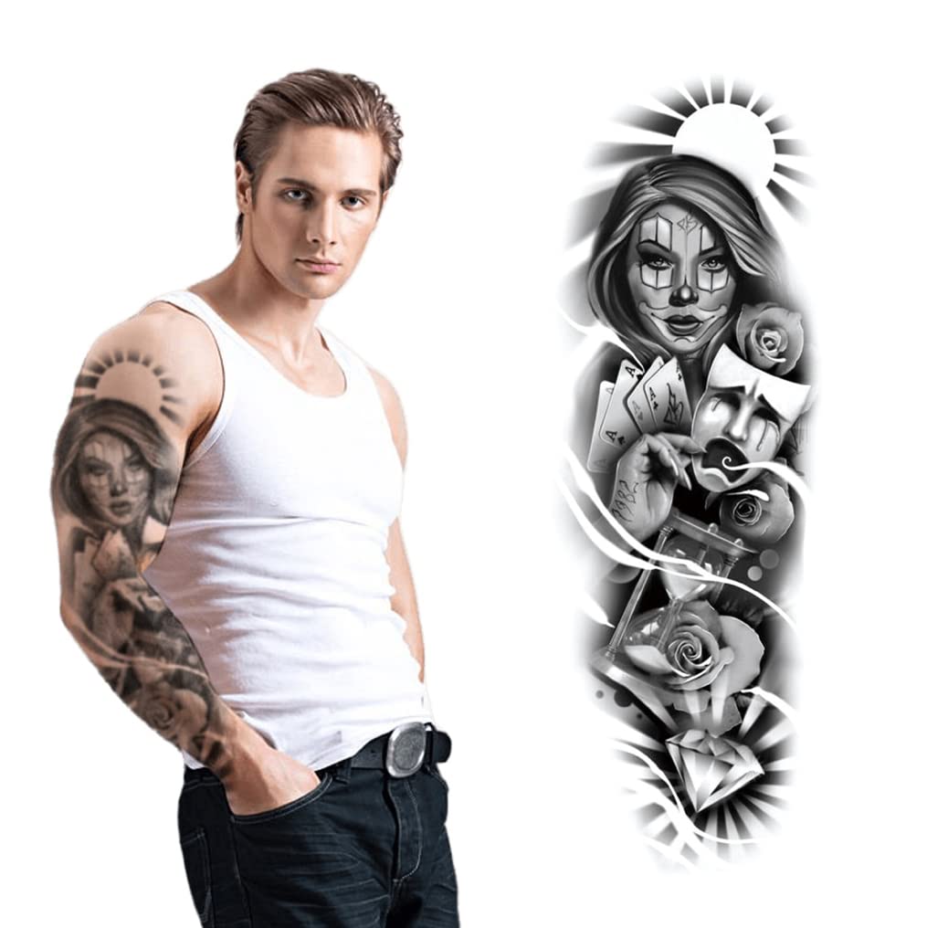 S.A.V.I Full Arm Temporary Tattoo, Girl Clown Face Mask Tattoo Sticker, Size 48x17CM
