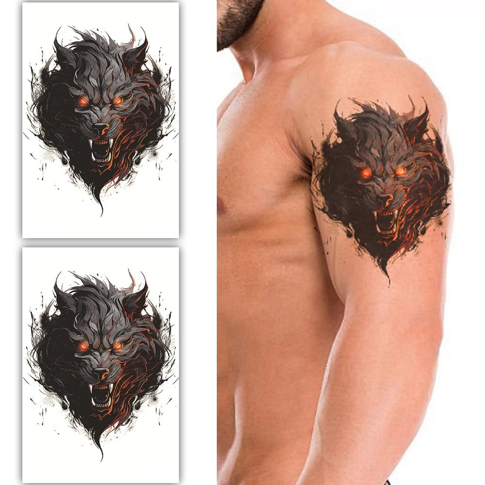 S.A.V.I 2 Sheets Black Orange Wolf Head Temporary Tattoo 19x12cm - Waterproof, Realistic Arm Tattoo Sticker | Easy Application Removal, Long-Lasting Body Art for Men Women
