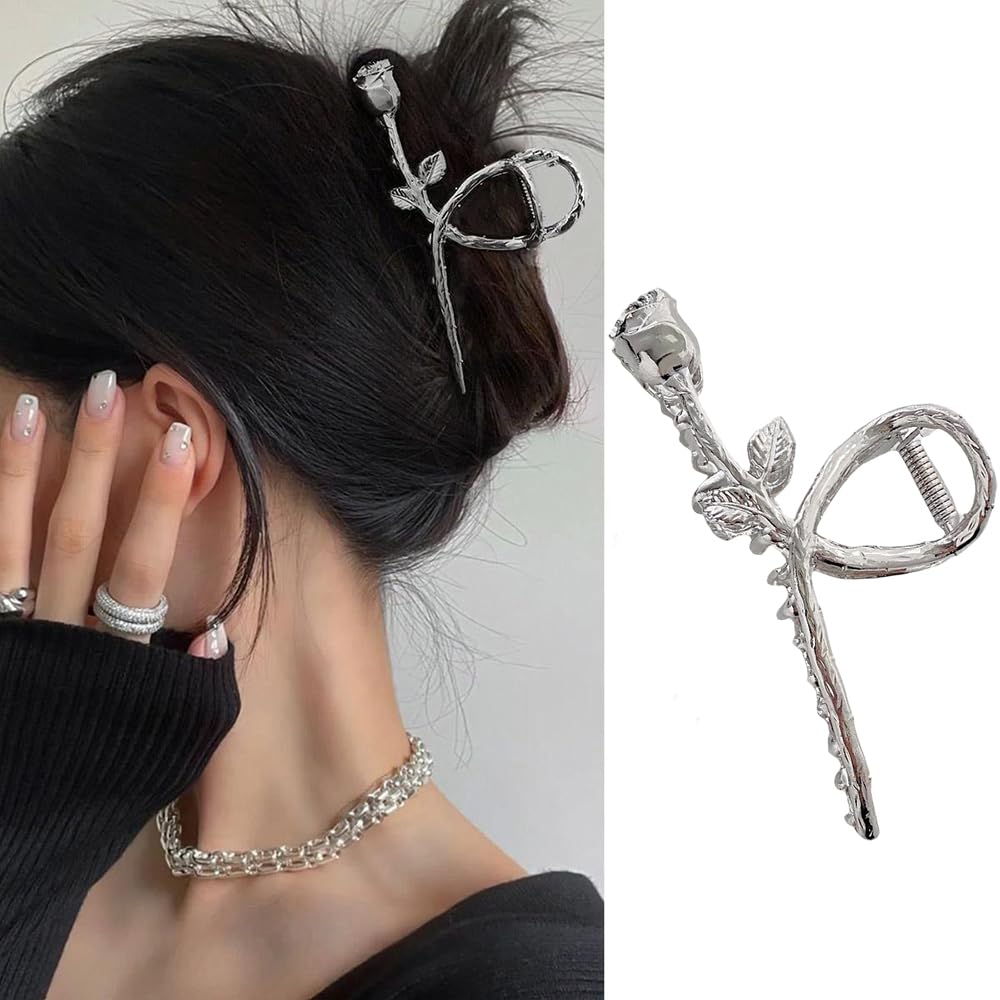 S.A.V.I Silver Metal Rose Hair Clutch Clip for Women Girls | Elegant Floral Design | Strong Grip Durable | Stylish Hair Accessory for Wedding, Party Daily | Rose Gold Finish