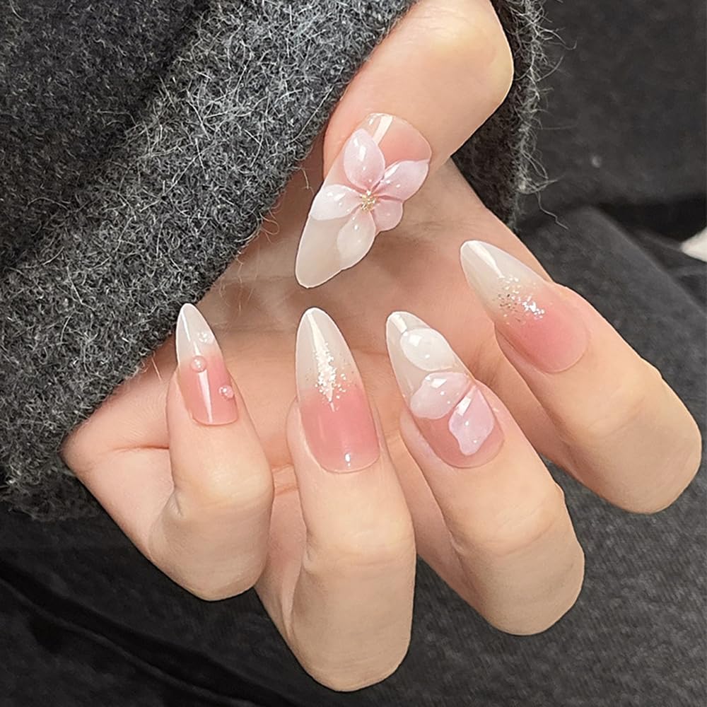 S.A.V.I 24Pcs Long Almond Fake Nails Nude Blush Gradient with 3D Flower, Glitter Tips – Reusable Press On Acrylic Nails Set with Glue & Tabs for Women & Girls – Nail Art Extension