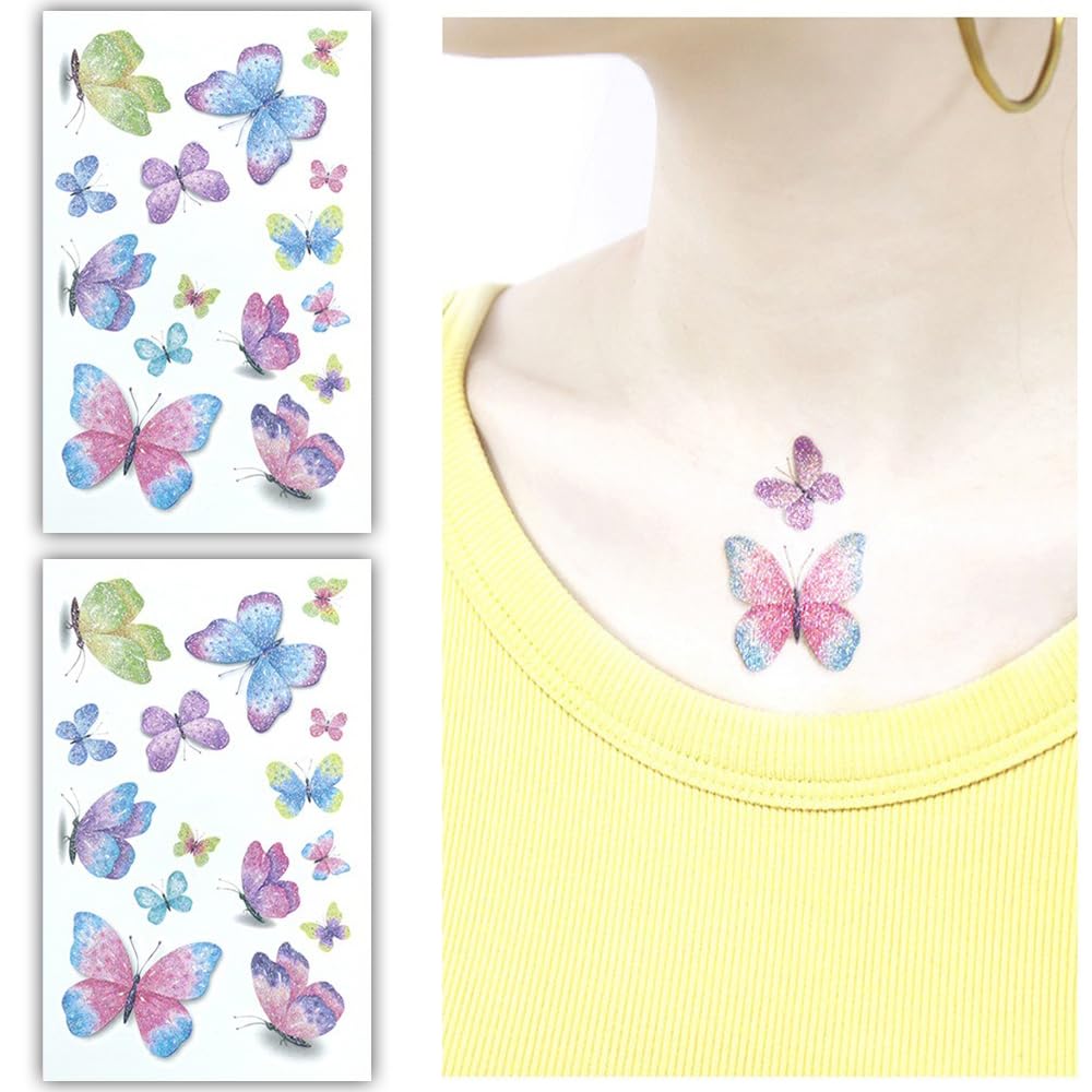 S.A.V.I 2 Sheets - Glittery Butterfly Temporary Tattoo Stickers, Multicolor Sparkling Design, Waterproof Skin-Safe, Easy Peel Stick, 12x7.5cm, for Kids Adults, Parties Festivals
