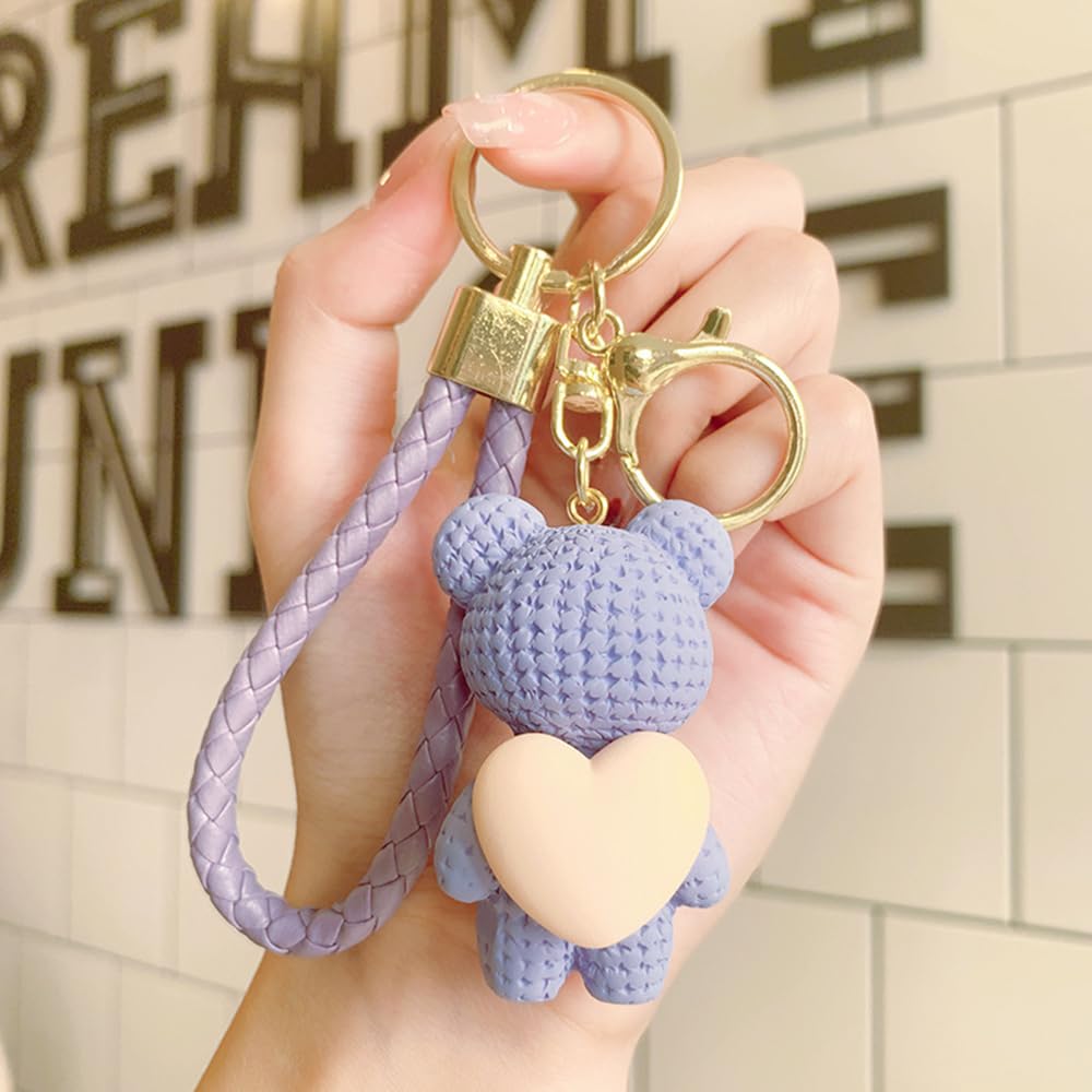 S.A.V.I Cute Purple Bear Keychain with Heart Charm | Resin Teddy Pendant (6cm) & Braided PU Leather Wrist Strap | Stylish Gold Key Ring for Girls, Women, Handbag, Car Accessories (Purple)