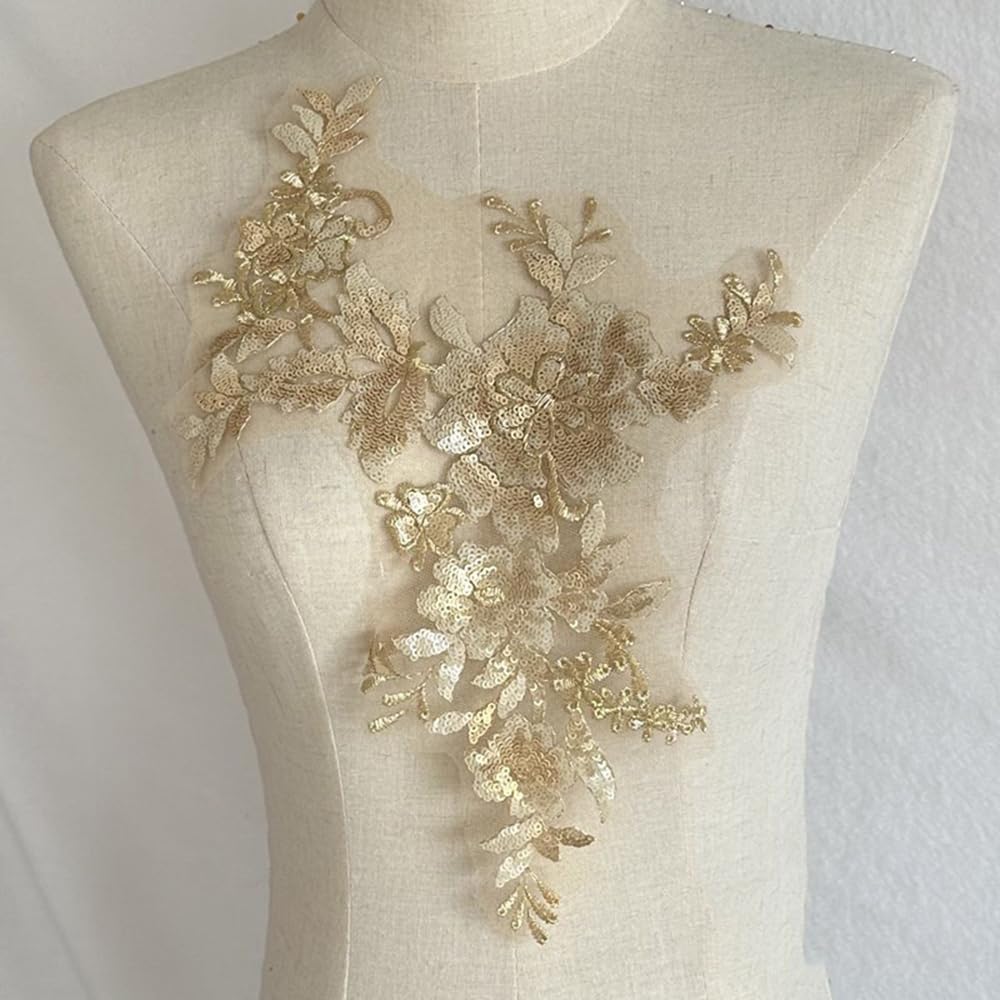 S.A.V.I Gold 3D Floral Sequined Applique Patch | Embroidered Mesh Lace Fabric | 29x25cm Sew-On DIY Patch for Bridal Lehenga, Saree, Blouse, Gown, Ethnic Wear Craft Sewing | Designer Embellishment Accessory