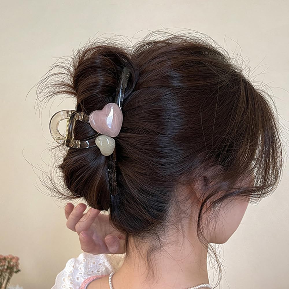 S.A.V.I Heart Shape Hair Claw Clip for Women & Girls | Acrylic Transparent Dual Marble Hearts | Stylish Beige & Pink Hair Accessory | Strong Grip for Daily & Party | 13cm