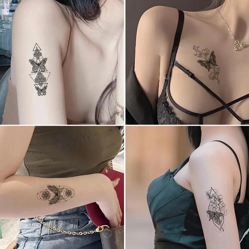 S.A.V.I 30 Pcs Temporary Tattoos for Women Girls – Black Butterfly & Floral Design, Waterproof, Safe & Non-Toxic, 9.7x5.7 cm, Easy to Apply & Remove Body Art Stickers (17)