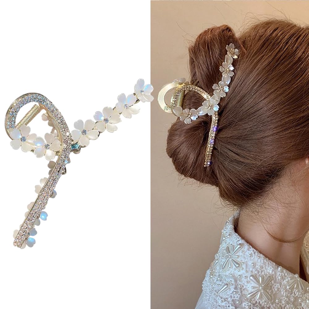 S.A.V.I Elegant Floral Shell Hair Clip with Rhinestones - White Flower Design for Women Girls | Stylish Bun Holder | Bridal Party Hair Accessory - 12cm Long (1 Pc)