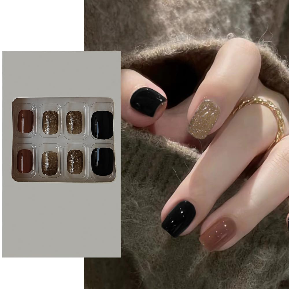 S.A.V.I 24 PCs Short Natural Shape False Nails - Brown, Black Gold Glitter | Stylish, Durable Reusable Fake Nails for Women | Easy to Apply | Perfect for Parties, Weddings | Nail Art Set