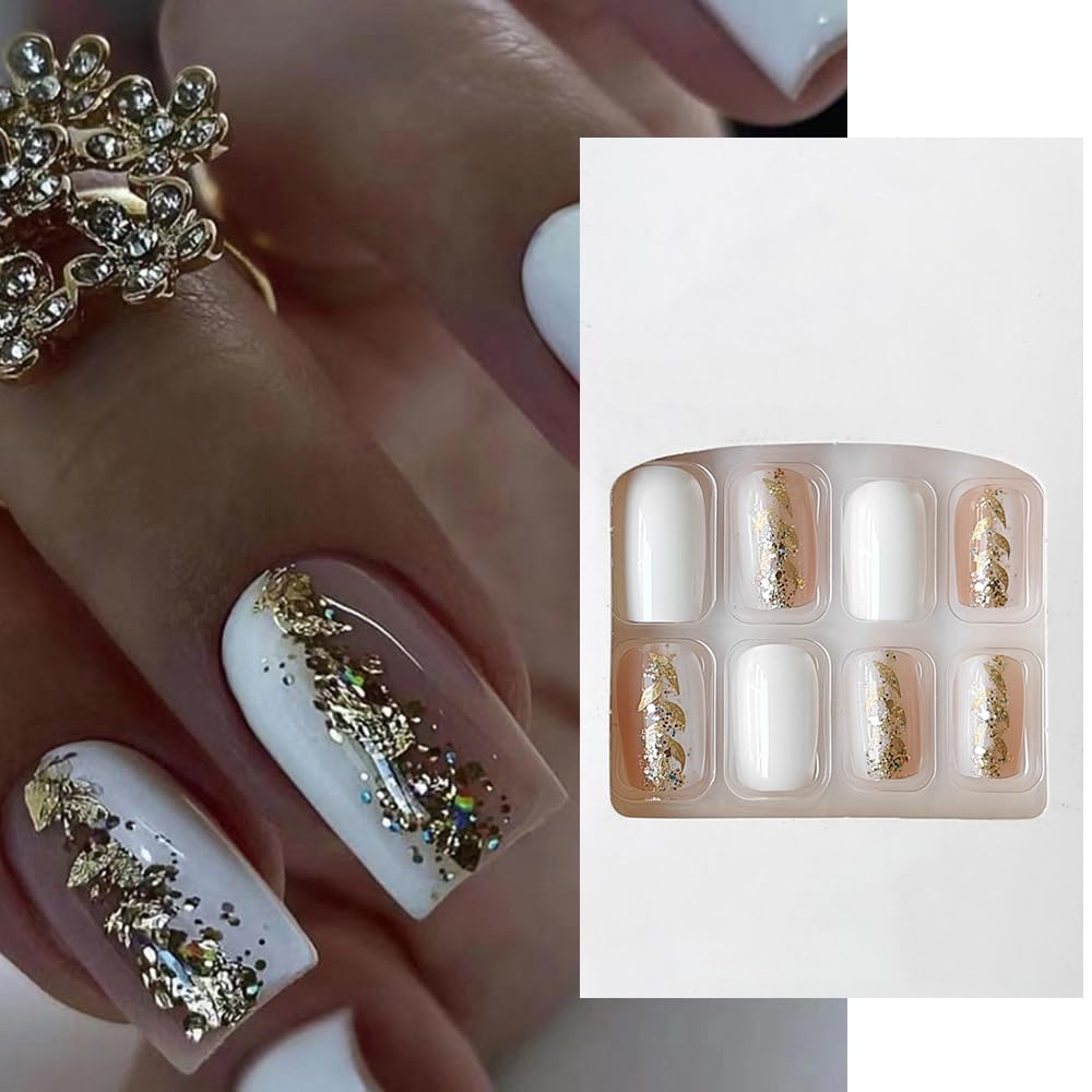 S.A.V.I 24 Pcs Medium-Length Nude White Press-On Nails with Glitter | Square False Nails Kit for DIY Nail Art | Natural Look, Comfortable Fit | Perfect for Wedding
