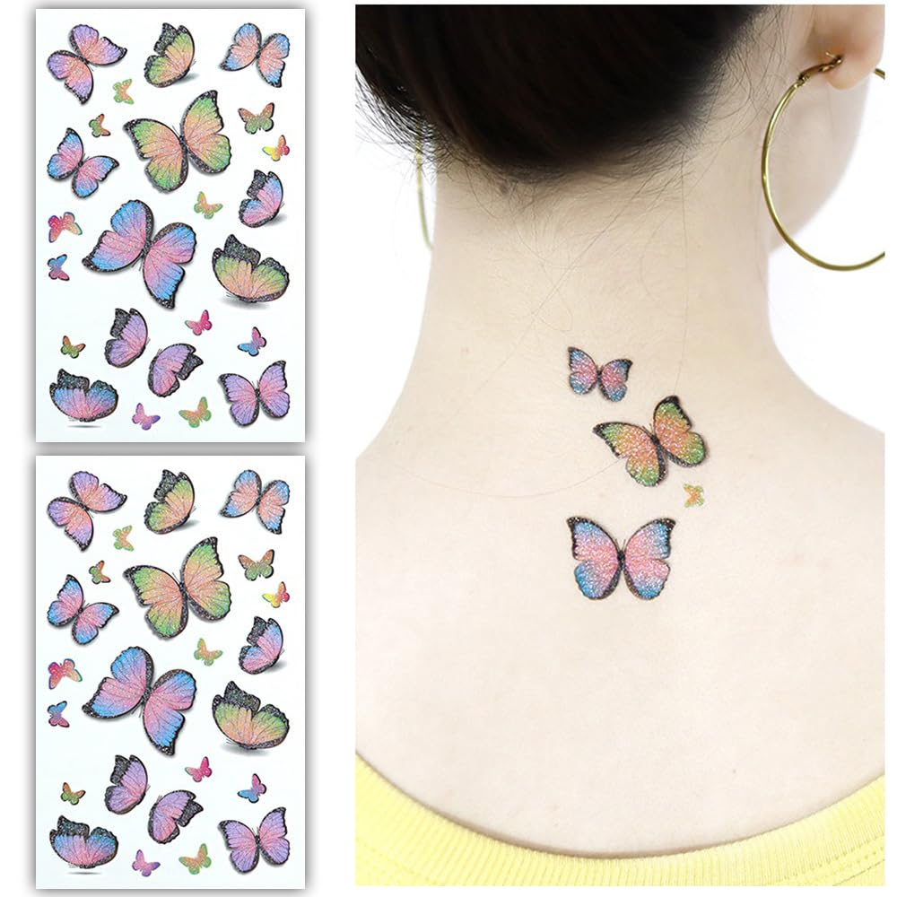 S.A.V.I 2pcs Glitter Butterfly Temporary Tattoo Stickers - Multicolor Sparkly Tattoos (Pink, Purple, Green, Orange) - Waterproof Skin Safe - Long-lasting Tattoos for Women Kids - Parties Festivals