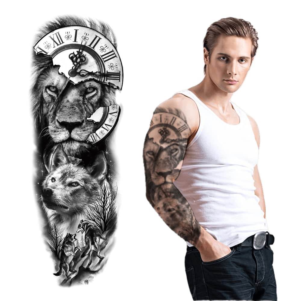 S.A.V.I Full Arm Tattoo, Broken Clock, Lion, Wolf Temporary Tattoo Sticker, Size 48x17CM