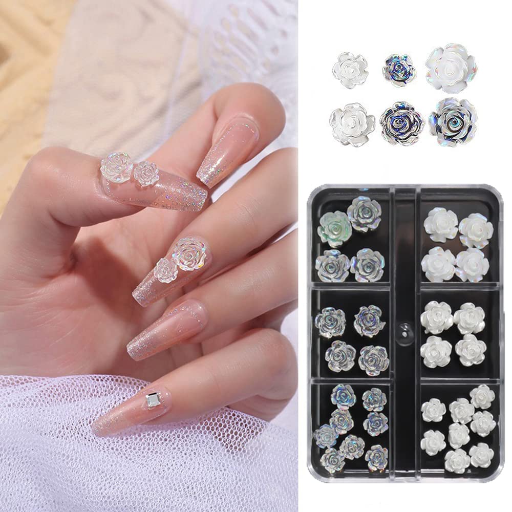 S.A.V.I 6-Grid 3D White Clear Rose Nail Art Decorations - DIY Manicure Accessory Kit for Women Girls