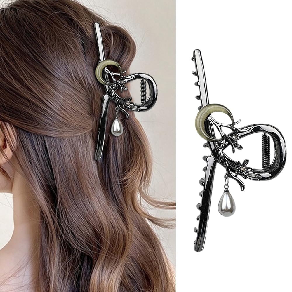 S.A.V.I Gun-Black Large Hair Claw Clip for Women – 11.5cm Metal Clutcher with Moon, Cherry Blossom & Pearl Design – Strong Grip Stylish Hair Accessory for Thick Hair & Bun Styling