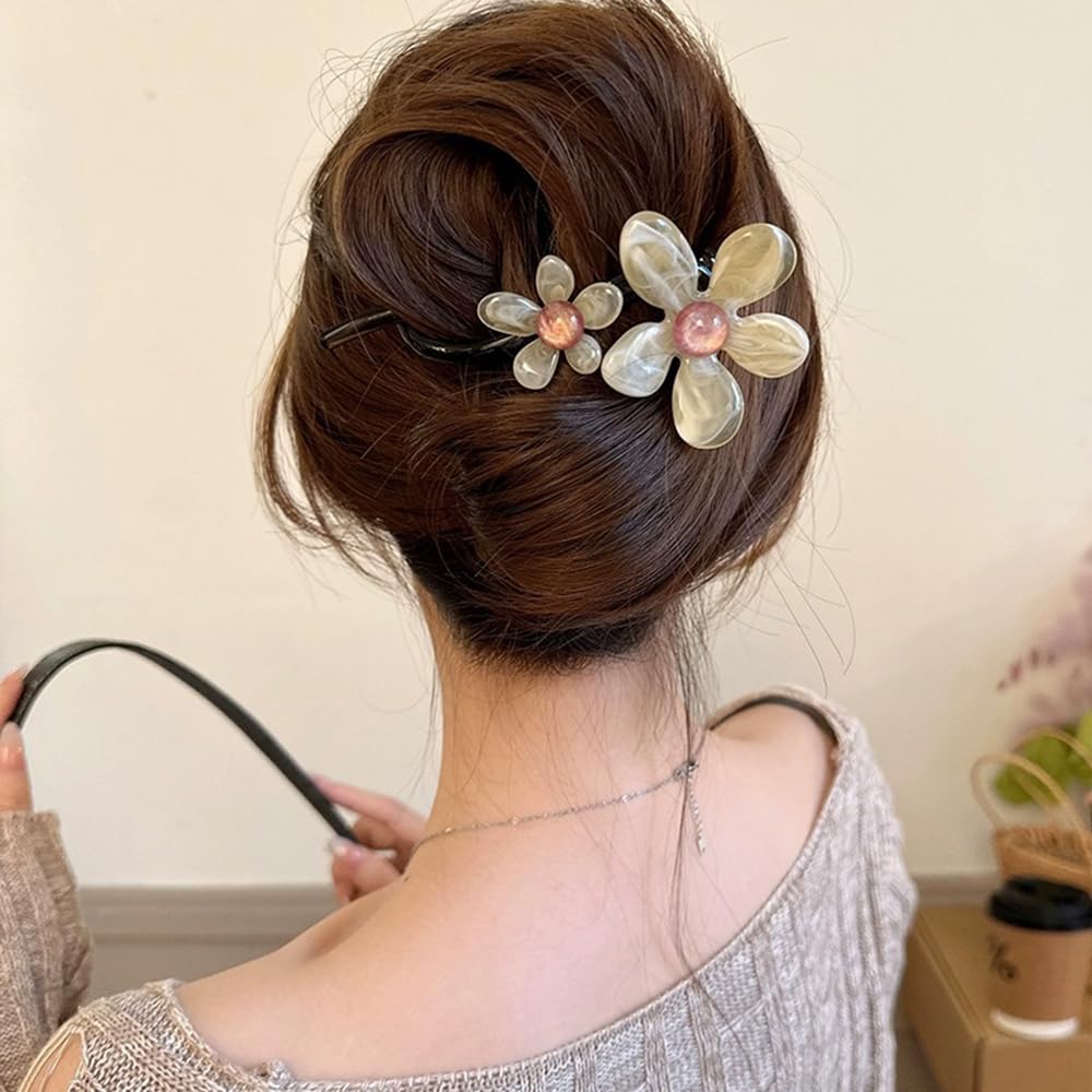 S.A.V.I Stylish Floral Hair Clip for Women & Girls | 13cm Beige & Pink Acrylic Flower Clutcher | Strong Grip Hair Accessory for Long, Medium Hair | Elegant for Party, Daily & Casual