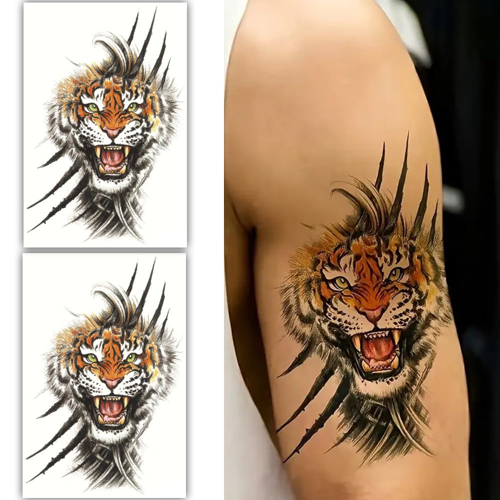 S.A.V.I 2 Sheets Tiger Design Temporary Tattoo for Arm - Waterproof, Realistic 19x12cm (Black Orange) - Long-Lasting, Easy to Apply Remove - Tattoo for Men Women, Party Supplies