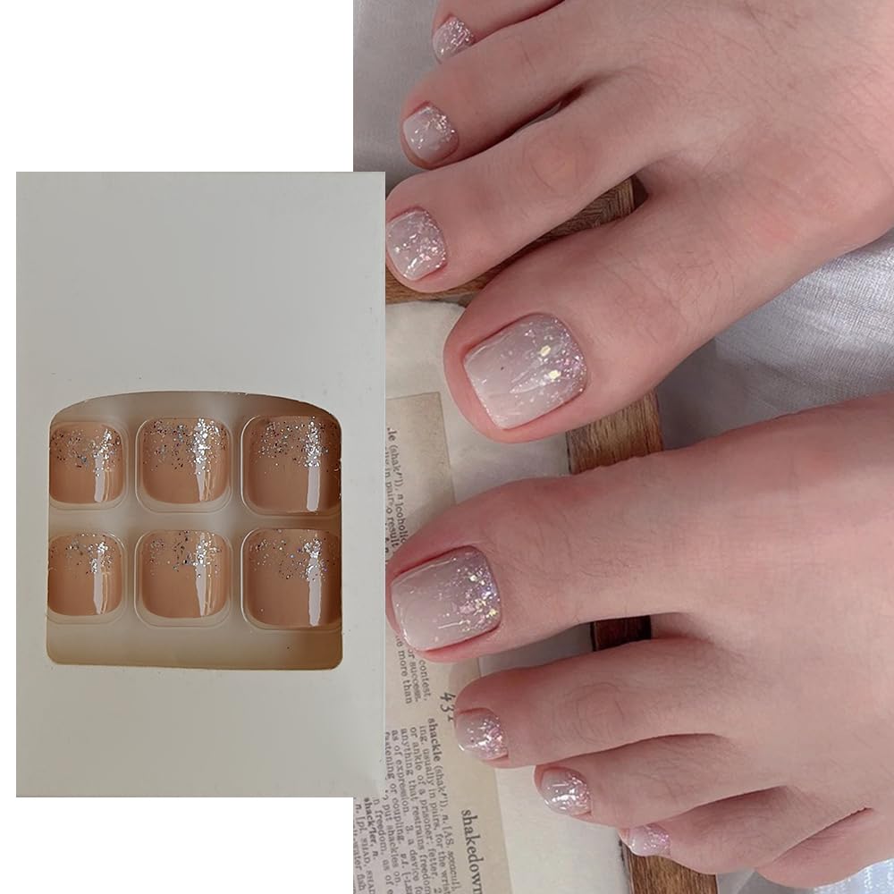 S.A.V.I 24 Pcs Nude Glitter Press-On Toe Nails – Natural Short Square Shape | DIY Instant Pedicure Set for Women | Stylish, Comfortable Long-Lasting | Perfect for Weddings Parties