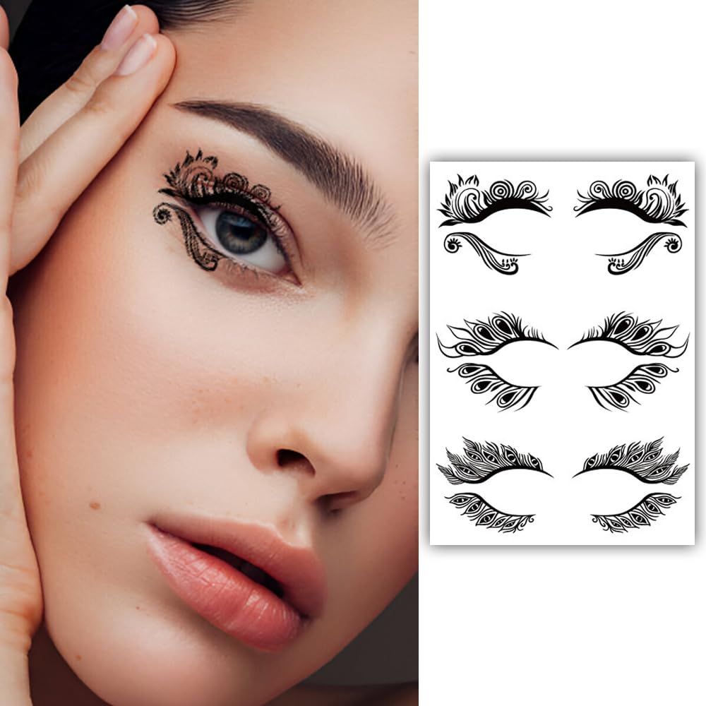 S.A.V.I 3 Pairs Stylish Black Temporary Eye Tattoo Stickers for Women | Intricate Floral Feather Designs | Waterproof Easy Application | Party, Festival, Makeup Looks | Long-Lasting Beauty