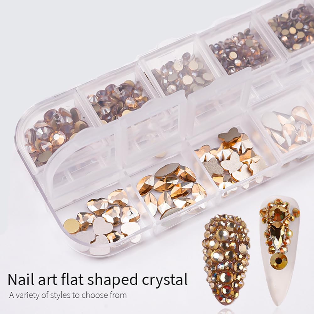 S.A.V.I Champagne Gold Nail Art Rhinestones Set – 12 Grid Flatback Glass Crystals for Nails | 3D Nail Gems | 6 Shapes & Sizes for DIY Nail Art, Manicure & Decoration